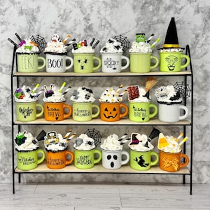 Halloween, Halloween decor, spooky, spiders, mini mugs, tiered tray decor, boo, trick or treat, monster, eek, witch face, witches brew