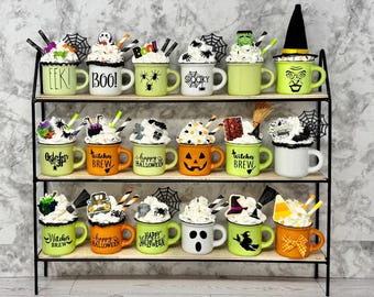 Halloween, Halloween decor, spooky, spiders, mini mugs, tiered tray decor, boo, trick or treat, monster, eek, witch face, witches brew