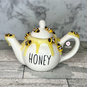 Mini teapot, teapot decor, bee, bee decor, honey, faux honey, bee theme, honeybee, tiered tray, tiered tray decor