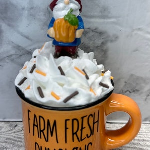 May include: An orange mug with the text "FARM FRESH PUMPKINS" features a gnome figurine holding a pumpkin, atop a whipped cream design with sprinkles. The gnome wears a red hat and blue jacket. A fall-themed decorative item.