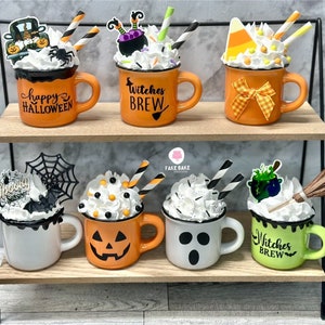 Halloween, Halloween decor, spooky, spiders, mini mugs, tiered tray decor, boo, ghost, candy corn, spooky season, witches brew
