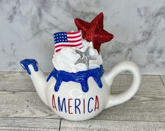 Mini teapot, teapot decor, patriotic, patriotic teapot, tiered tray, tiered tray decor, America, USA, Fourth of July, Independence Day