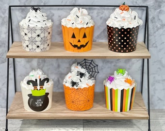 Halloween, Halloween Decor, Halloween Decoration, Spooky, Pumpkin, Spider, Cupcake, Witch, Tiered Tray, Tiered Tray Decor, Fake cupcake