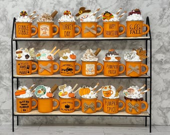 Mini mug, fall, fall decor, thanksgiving, hello fall, happy fall, tiered tray, tiered tray decor, pumpkin pie, pumpkin spice, pumpkin