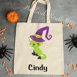 Personalized Witch Cat Trick or Treat Bag Kids Halloween Candy Bag Halloween Tote Bags Canvas Tote Bag Trunk or Treat Bag