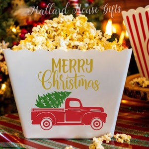 Custom Merry Christmas Popcorn Tub Red Truck 56 Ford Party Favor Custom Popcorn Bowl Christmas Decor Personalized Popcorn Bowl Tree
