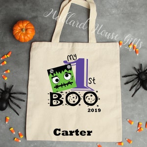 Personalized First Halloween Trick or Treat Bag My 1st Boo Kids Halloween Candy Bag Halloween Tote Bags Canvas Tote Bag Trunk or Treat Bag