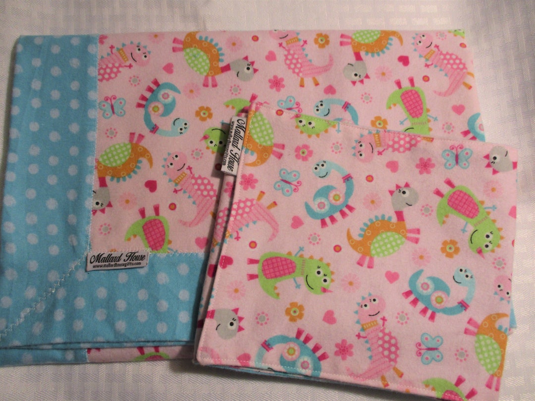 Pink Dinosaur Baby Blanket and Burp Cloth Set, Girl Baby Blanket