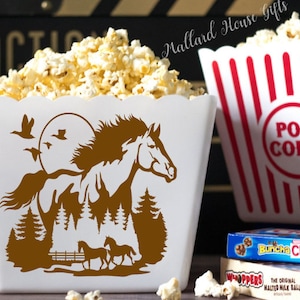 Personalized Popcorn Tub with Horses Custom Popcorn Bowl Horse Lovers Gift Mom Dad Papa Grandpa Grandma