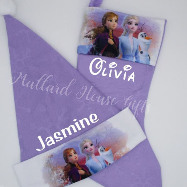 Personalized Frozen II Christmas Stocking Personalized Frozen II Santa Hat Elsa Anna Olaf Purple Christmas Stocking Frozen II Gift