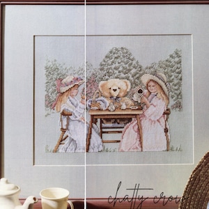 Vintage 80s Teddy Tea Party Cross Stitch Pattern Pretty Girls and Teddy Bear