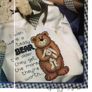 Vintage Teddy Bear and Rabbit Friend Cross Stitch Pattern PDF Instant Download 1980s Bear Cross Stitch Motif Waste Canvas Aida Floss