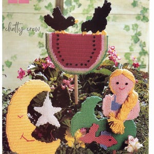 ヴィンテージプラスチックキャンバス植物ポケパターン：マーメイド、月、カラス（PDFデジタルダウンロード）