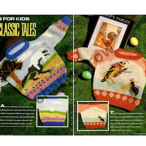 May include: Two children's sweaters with colorful knit designs. One features a tree and a wolf, the other a bee and an ant. The sweaters are displayed on a green surface with text that reads "Knits for Kids Classic Tales".