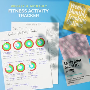 May include: Printable weekly and monthly fitness activity tracker with circles for tracking steps, exercise, and stairs. The tracker includes a section for goals and a note to "Hit step goal everyday!" The tracker is designed to be printed at home or at a local print shop on US Letter size paper.