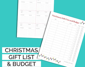 May include: Printable Christmas gift list and budget tracker with a festive design of red and green lights. The printable includes sections for name, gift, budget, spent, bought, and wrapped.