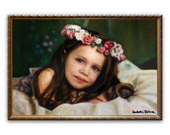 Large Original OIL PAINTING - on canvas - "ROSE" - Figurative / Realistic / Unique / Exclusive - Little Girl Princess Angel Child Flowers