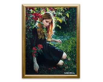 Large Original OIL PAINTING - on wood - "REFUGE" - Figurative / Realistic / Unique / Exclusive - Woman Redhead Flowers Nature Classical Rose