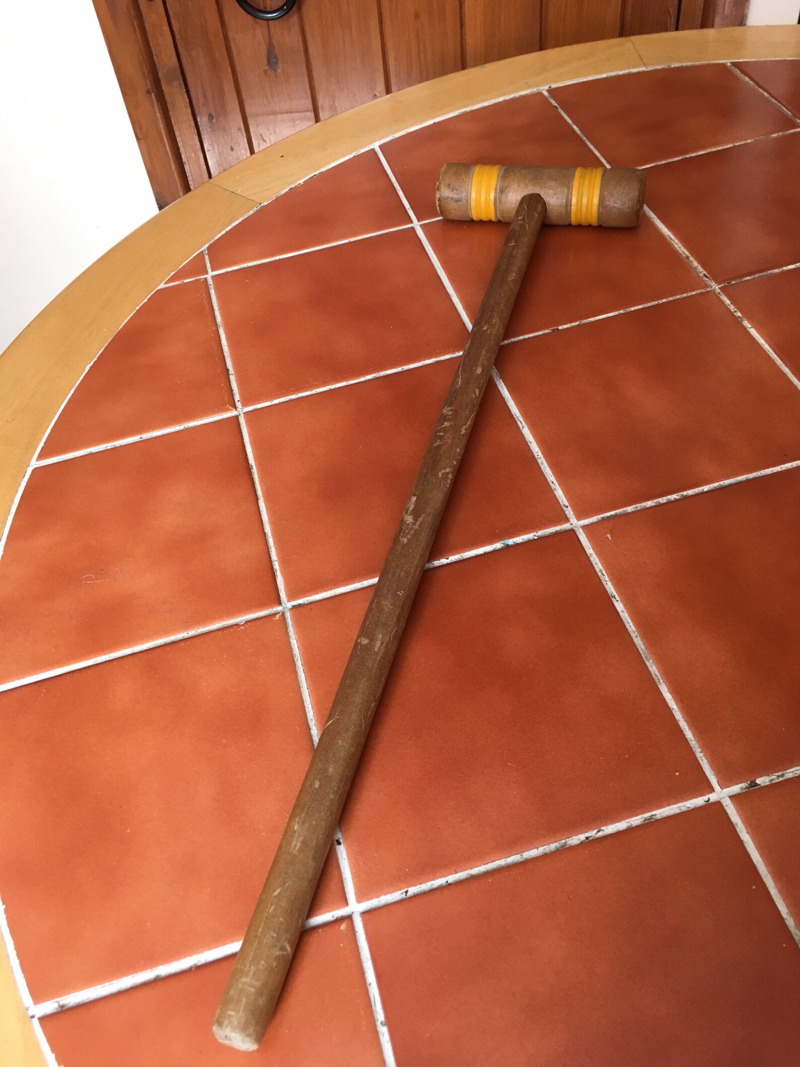 Vintage Croquet bat wooden with yellow stripes Etsy
