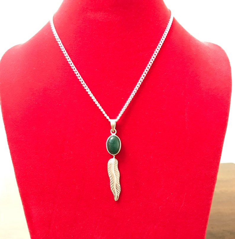 Silver Feather Pendant Handmade Pendant Sterling Silver Pendant Green Onyx Pendant