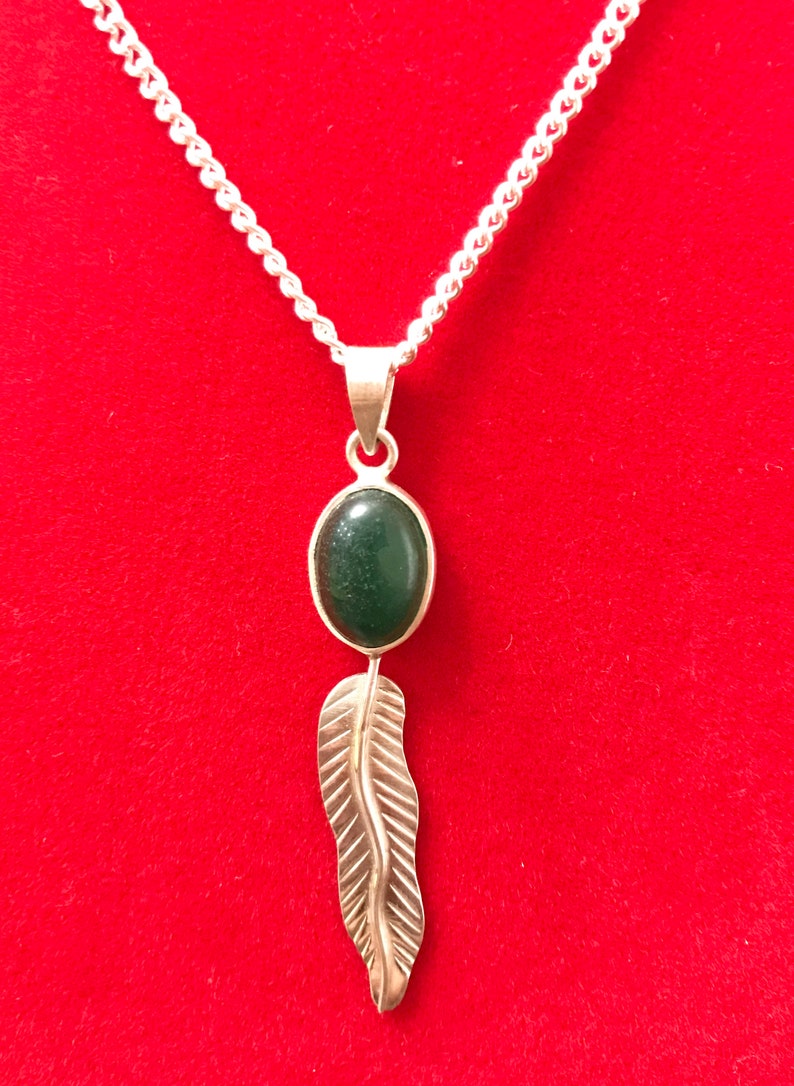 Silver Feather Pendant Handmade Pendant Sterling Silver Pendant Green Onyx Pendant