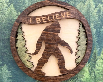 Sasquatch / Bigfoot Christmas Ornament 3D Wood 4 1/4&quot; / Intricately Laser Cut and Etched 3 Layers / Natural Wood Stains / Handcrafted