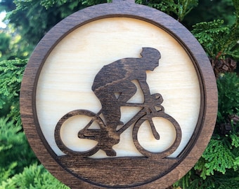3D Mountain Biker Wood Ornament / 3D Laser Cut Christmas Decoration / Cross Country Cyclist Handcrafted / Trail Bike Hanging Xmas Decor