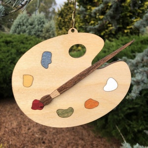 Artist Palette and Paintbrush 3D Wood Ornament / Etched and Inlaid Laser Cut Wood Three Layers Christmas Tree Decoration / Handcrafted