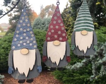 Gnome 3D Wood Ornament, Laser Cut, Etched and Inlaid, Handcrafted Christmas Tree Decoration, Forest Gnome Three Colors, Red, Blue or Green