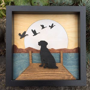 Dog Black Lab on Dock by Lake 3D Wood Cut Shadow Box Scene / Laser Cut, Inlaid / Ducks, Mountain, Moon / Handcrafted / Labrador Retriever