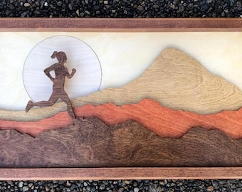 Female Runner 3D Wood Shadow Box Wood Scene Inlaid Laser Cut /  Cross Country / Outdoors / Moon / Handcrafted / Mountains / Racer / Jogger