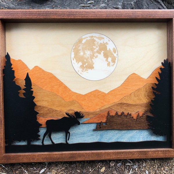Moose in Forest by Lake, Mountains / 3D Solid Wood Shadow Box Scene / Handcrafted / Inlaid and Etched Moon /Wildlife Landscape / Laser Cut Moose in Forest by Lake, Mountains / 3D Solid Wood Shadow Box Scene / Handcrafted / Inlaid and Etched Moon /Wildlife Landscape / Laser Cut
