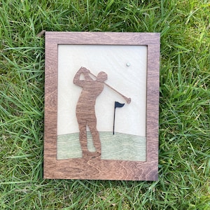 Golfer 3D Wood Shadow Box Laser Cut Artwork Wall or Shelf Art, Hole In One,  Layered Wood Cut Golf Scene, Father&#39;s Day Gift