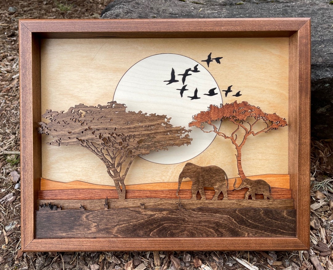 Africa Elephants 3D Wood Shadow Box Scene / Inlaid / Laser