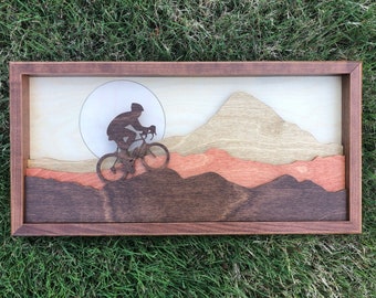Mountain Biker 3D Wood Shadow Box Landscape Scene Laser Cut / Cyclist / Outdoors / Moon / Handcrafted / Mountains / Wilderness Off Road