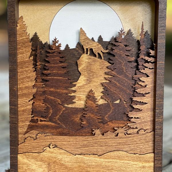 Howling Wolf and Moon 3D Wood Shadow Box Scene / Laser Cut and Inlaid / Pacific Northwest Art / Wolf, Trees, Moon, Mountains / Handcrafted