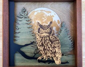Owl in Forest 3D Wood Shadow Box Scene / Laser Cut 10"x10" Artwork / Trees / Etched Inlaid Moon / Handcrafted / Custom Design / 5 Layers