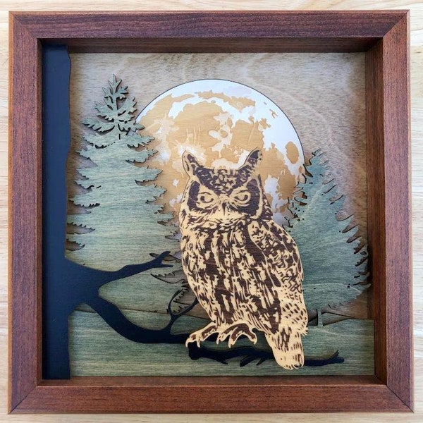 Owl in Forest 3D Wood Shadow Box Scene / Laser Cut 10"x10" Artwork / Trees / Etched Inlaid Moon / Handcrafted / Custom Design / 5 Layers