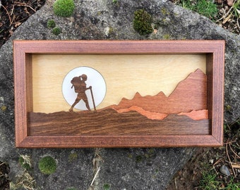 Female Backpacker Hiker 3D Wood Shadow Box Scene / Laser Cut Cross Country Artwork / Outdoors / Moon / Handcrafted / Mountain Scene / Inlaid
