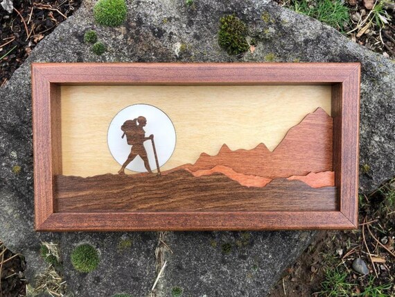 Handcrafted Wood Shadow Box: Female Backpacker, Mountain Scene