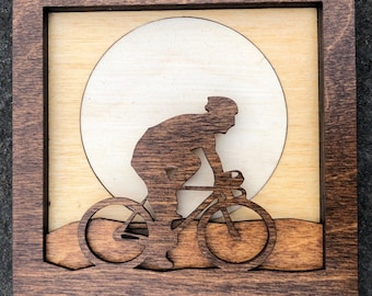 Mountain Biker 4"x4" Cyclist 3D Shadow Box Wood Small Creations Scene / Laser Cut, Inlaid / Handcrafted / Bicycle Rider / Sun / Moon