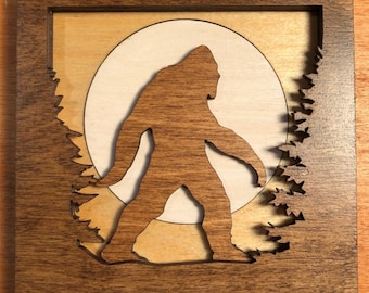 Sasquatch Shadow Box, Bigfoot Forest Scene, Laser Cut Wood Art (4x4)