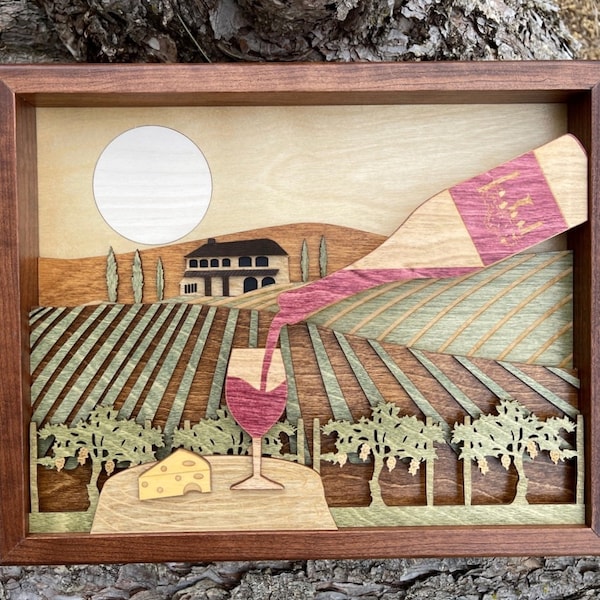 Vineyard Tuscany Landscape 3D Wood Shadow Box Scene / Wine Glass / Handcrafted / Laser Cut Etched and Inlaid / Cheese / Oenophile Turophile Vineyard Tuscany Landscape 3D Wood Shadow Box Scene / Wine Glass / Handcrafted / Laser Cut Etched and Inlaid / Cheese / Oenophile Turophile