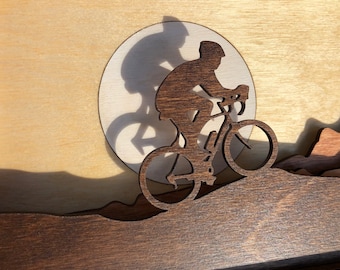 Mountain Biker 3D Wood Shadow Box - Handcrafted Cherry Frame