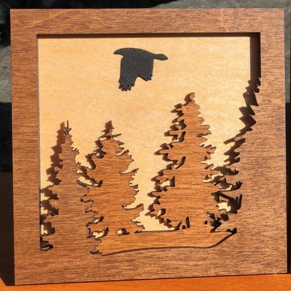 Raven Crow Bird in Forest 3D Wood Shadow Box 4"x4" Small Creations Scene / Pacific Northwest / Laser Cut Handcrafted / Inlaid Moon / Trees