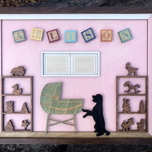 Baby Child&#39;s Nursery Room with Dog PERSONALIZED 3D Wood Shadow Box Scene / Intricately Laser Cut, Etched / Toys, Crib, Building Blocks