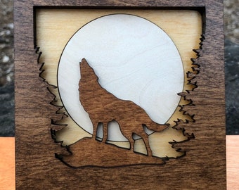 Wolf Shadow Box, Handcrafted 3D Wood Art, Pacific Northwest Wildlife