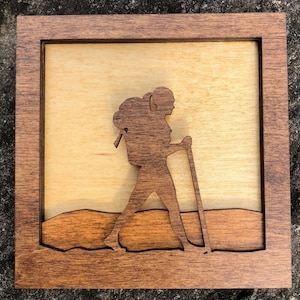 Female Backpacker Hiker 3D Wood Shadow Box 4x4" Scene / Small Creations Laser Cut Artwork / Handcrafted / Nature Walk / Outdoor Activities