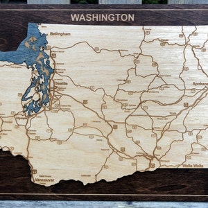 US Bundesstaat Washington Map Wandschild / 3D geschichtetes Holz / Handgezeichnet, Laser-Schnitt, geätzt und eingelegt / WA Städte und Landstraßen / Individualisierung