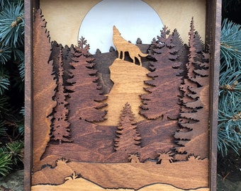 Howling Wolf and Moon 3D Wood Shadow Box Scene / Laser Cut and Inlaid / Pacific Northwest Art / Wolf, Trees, Moon, Mountains / Handcrafted